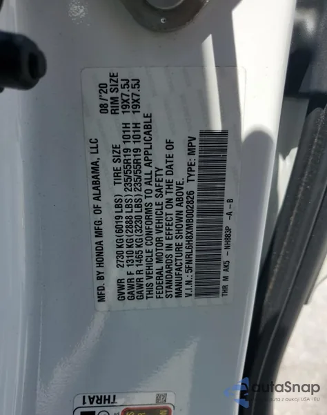 2021 Honda Odyssey Touring from USA, damaged, VIN 5FNRL6H8XMB002826